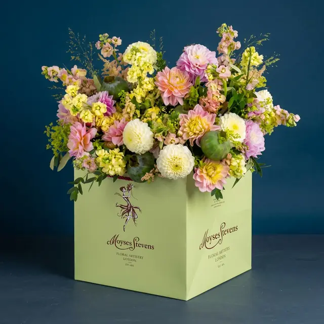 A Moyses Stevens dahlia bouquet of seasonal blooms in a signature gift bag